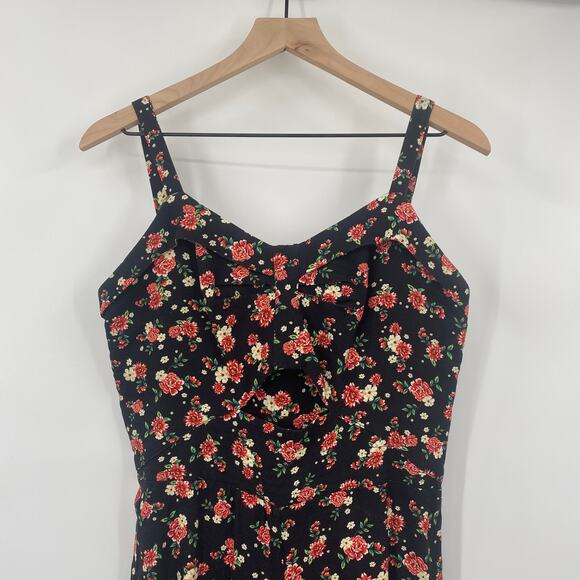 Farm Rio Jumpsuit Ditsy Floral Rose Print Wide Leg Cutout Bodice Black Womens 6 - Picture 3 of 10